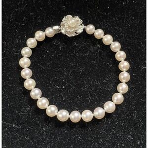 Genuine Cultured Pearl Bracelet W/ Sterling Silver Flower Clasp 7.5"